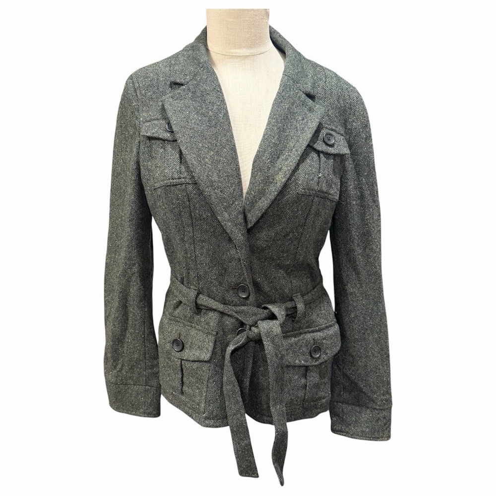 Banana Republic Safari Jacket- Front Tie- 4 Pockets -green- Size 10 Wool Silk